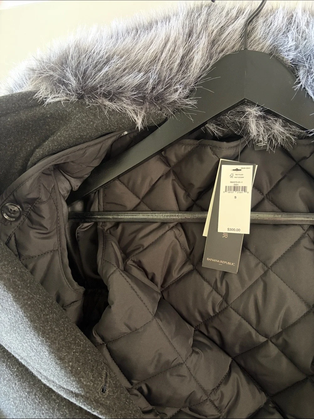 Banana Republic Men's Charcoal Double-Breasted Pea Coat with Faux Fur Collar